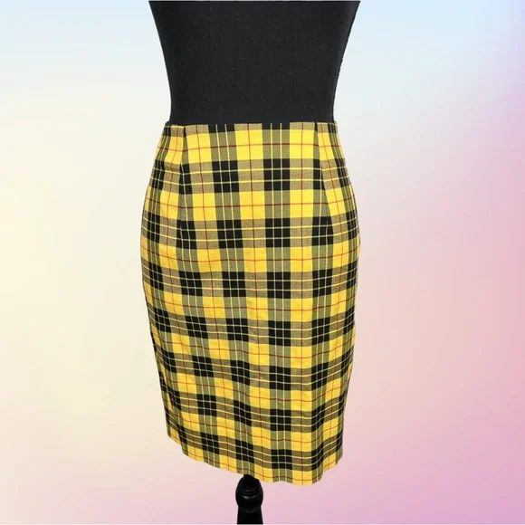 Vintage Skirts Vtg 8s90s Bernhardt Yellow Plaid Pencil Skirt